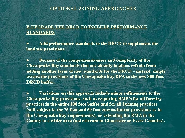 OPTIONAL ZONING APPROACHES B. UPGRADE THE DRCD TO INCLUDE PERFORMANCE STANDARDS · Add performance