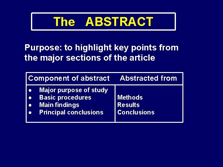 The ABSTRACT Purpose: to highlight key points from the major sections of the article