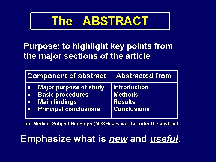 The ABSTRACT Purpose: to highlight key points from the major sections of the article