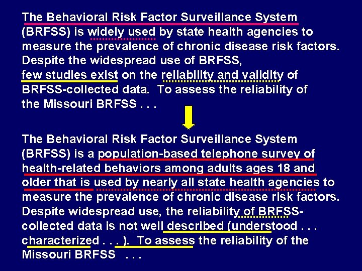 The Behavioral Risk Factor Surveillance System (BRFSS) is widely used by state health agencies