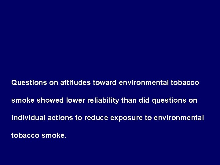 Questions on attitudes toward environmental tobacco smoke showed lower reliability than did questions on