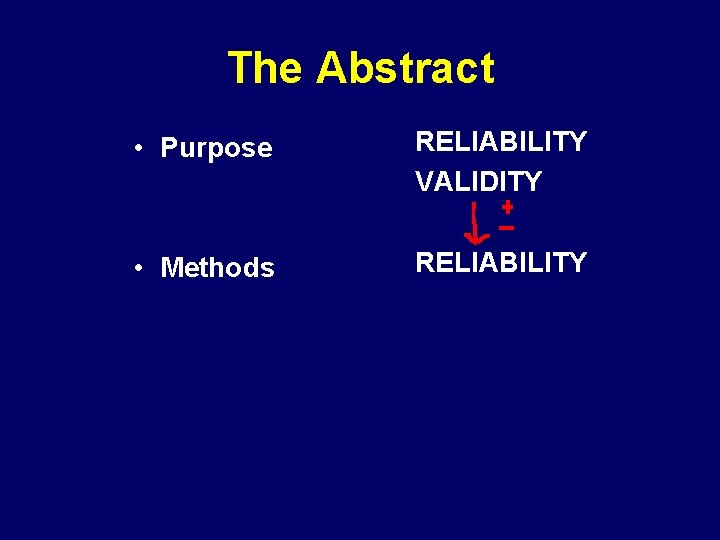 The Abstract • Purpose RELIABILITY VALIDITY • Methods RELIABILITY 