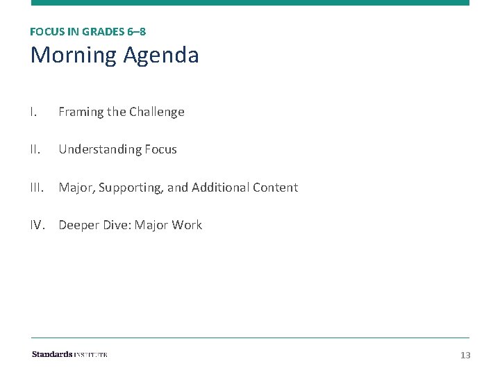 FOCUS IN GRADES 6– 8 Morning Agenda I. Framing the Challenge II. Understanding Focus