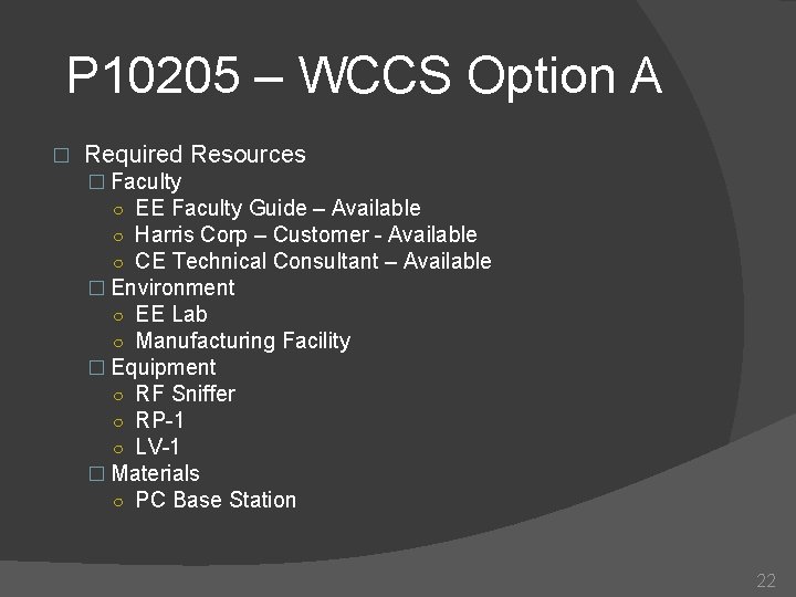 P 10205 – WCCS Option A � Required Resources � Faculty ○ EE Faculty