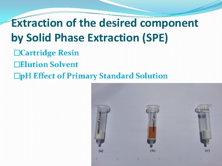 Extraction of the desired component by Solid Phase Extraction (SPE) �Cartridge Resin �Elution Solvent