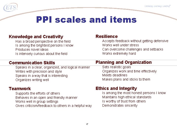 ® PPI scales and items Resilience Knowledge and Creativity Accepts feedback without getting defensive