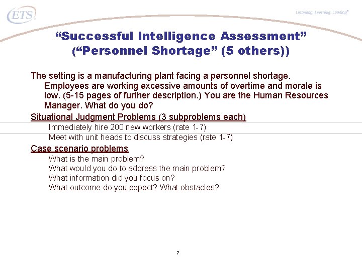® “Successful Intelligence Assessment” (“Personnel Shortage” (5 others)) The setting is a manufacturing plant