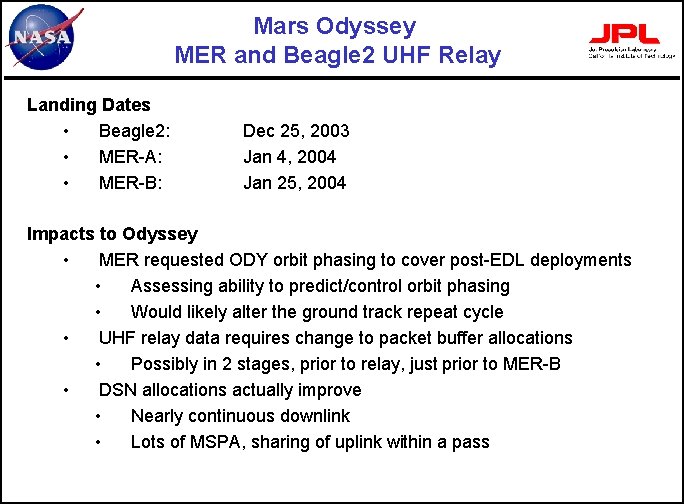 Mars Odyssey MER and Beagle 2 UHF Relay Landing Dates • Beagle 2: •