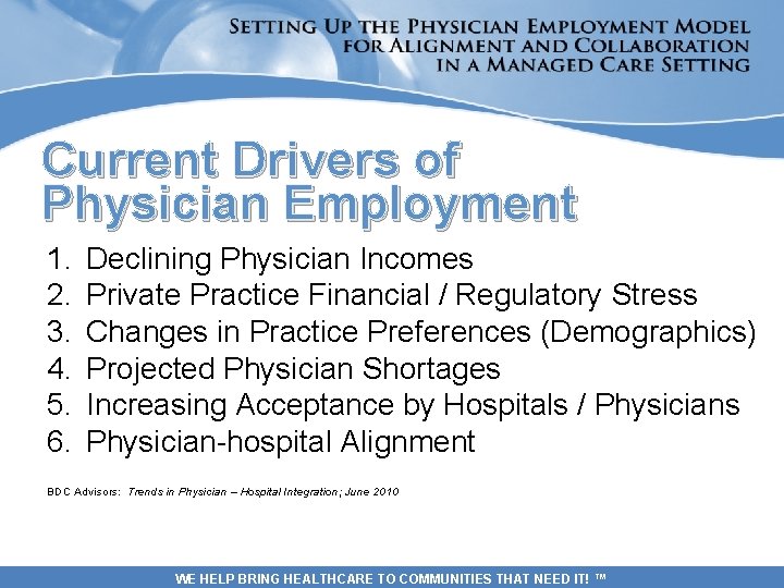 Current Drivers of Physician Employment 1. 2. 3. 4. 5. 6. Declining Physician Incomes