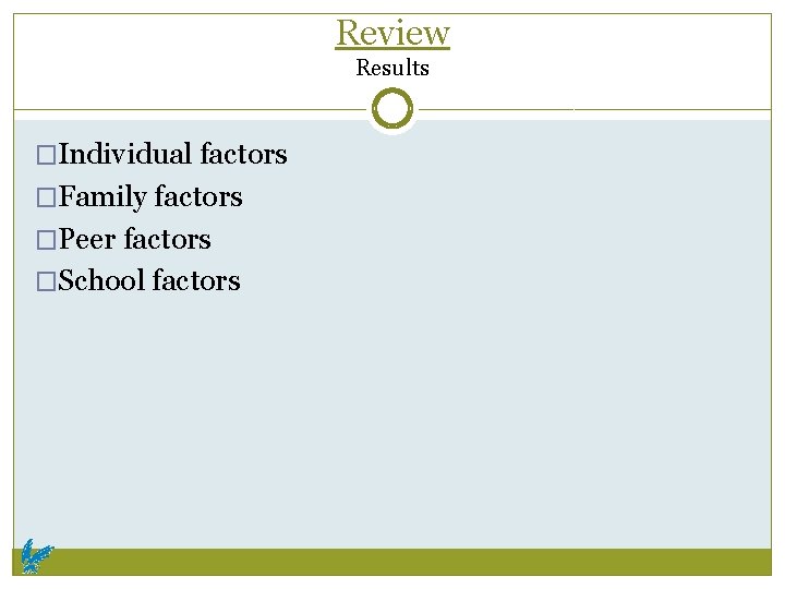 Review Results �Individual factors �Family factors �Peer factors �School factors 