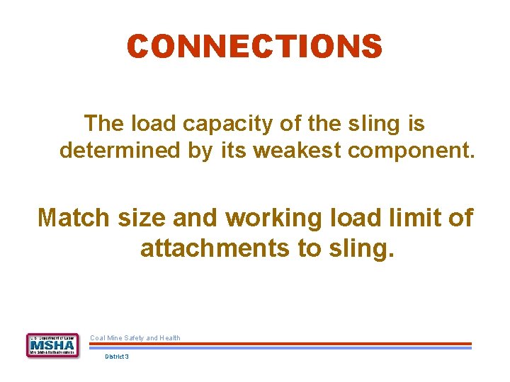 CONNECTIONS The load capacity of the sling is determined by its weakest component. Match