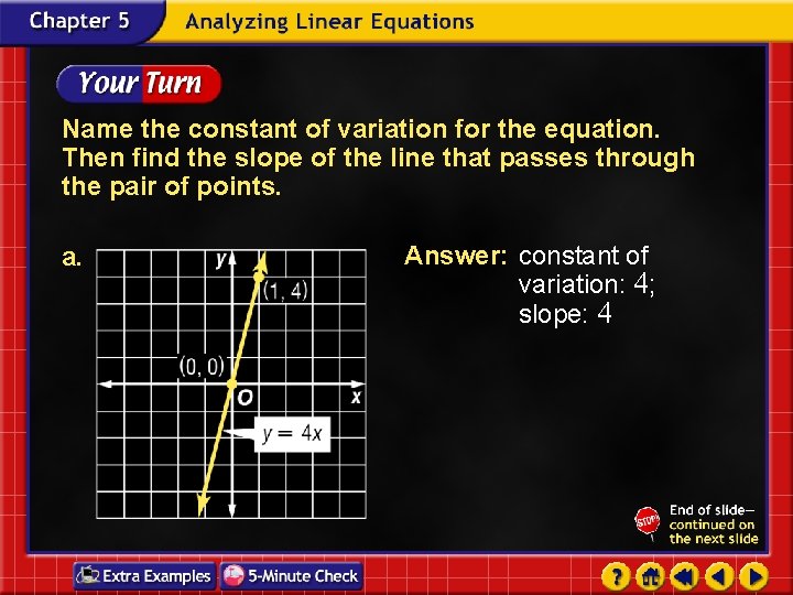 Name the constant of variation for the equation. Then find the slope of the Name the constant of variation for the equation. Then find the slope of the