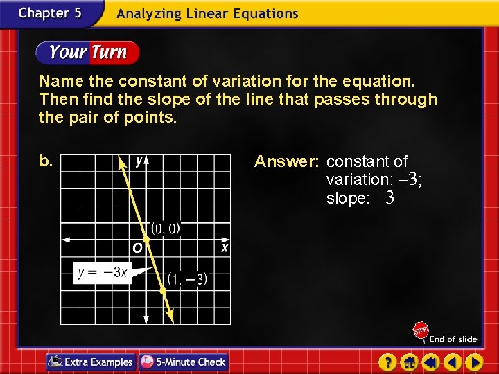 Name the constant of variation for the equation. Then find the slope of the Name the constant of variation for the equation. Then find the slope of the