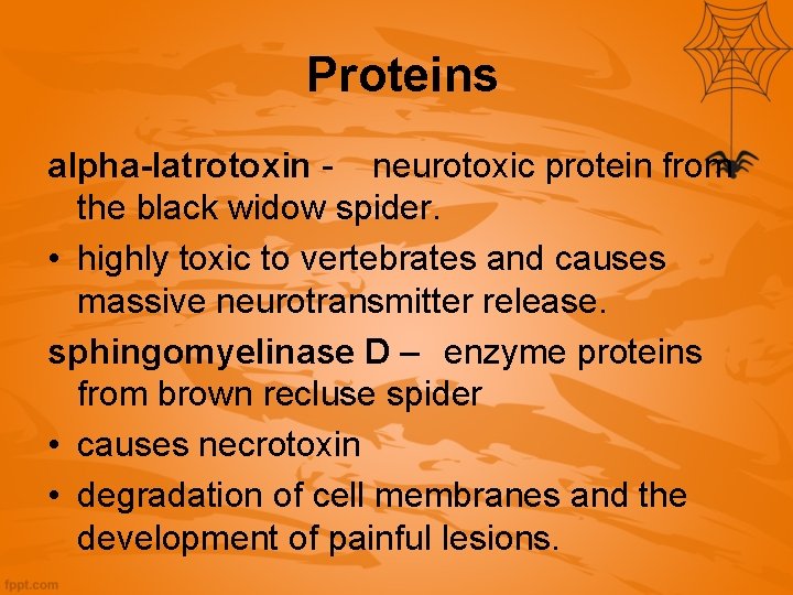  Proteins alpha-latrotoxin - neurotoxic protein from the black widow spider. • highly toxic