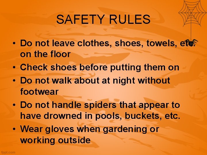 SAFETY RULES • Do not leave clothes, shoes, towels, etc. on the floor •