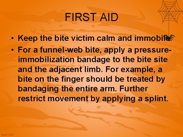 FIRST AID • Keep the bite victim calm and immobile. • For a funnel-web