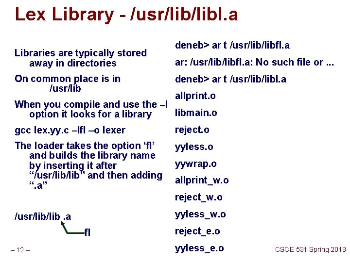 Lex Library - /usr/libl. a Libraries are typically stored away in directories On common