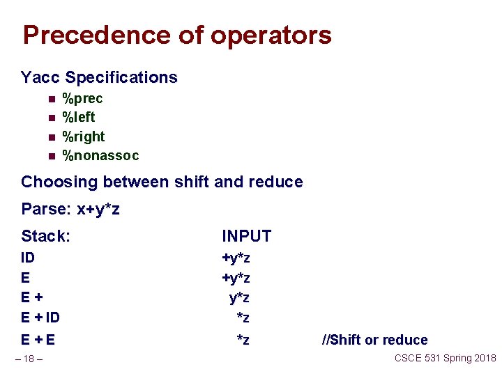 Precedence of operators Yacc Specifications n n %prec %left %right %nonassoc Choosing between shift