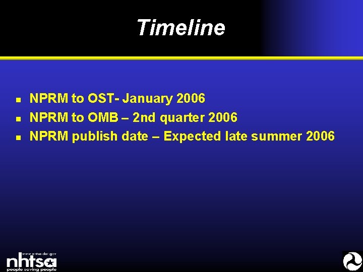 Timeline n n n NPRM to OST- January 2006 NPRM to OMB – 2