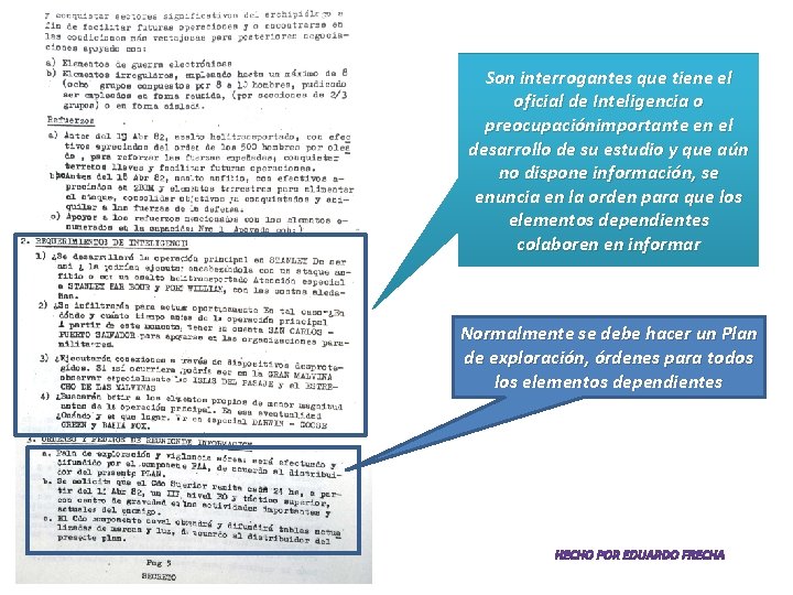 Son interrogantes que tiene el oficial de Inteligencia o preocupaciónimportante en el desarrollo de