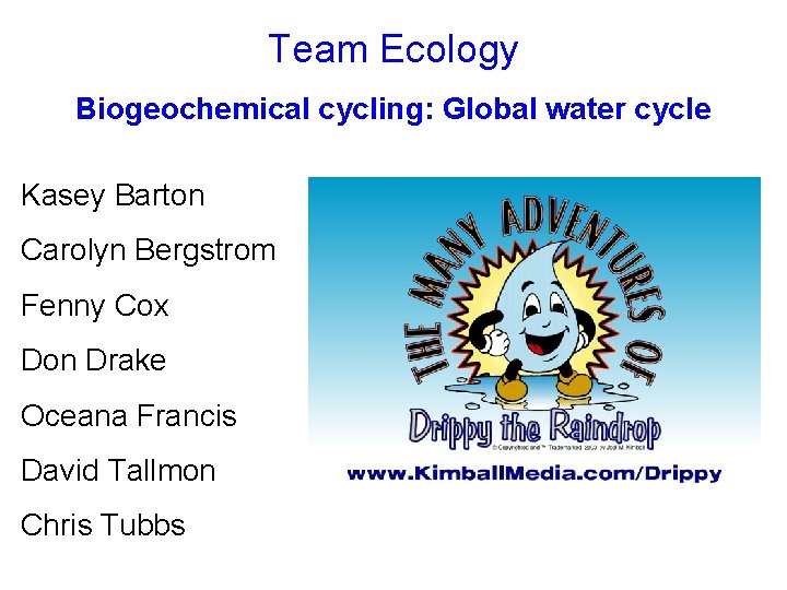 Team Ecology Biogeochemical cycling: Global water cycle Kasey Barton Carolyn Bergstrom Fenny Cox Don