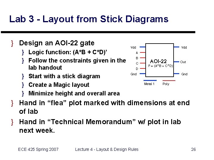 Lab 3 - Layout from Stick Diagrams } Design an AOI-22 gate } Logic