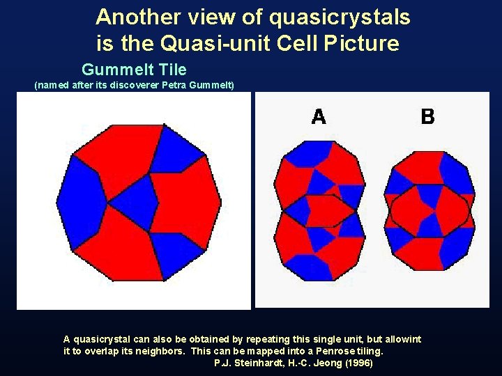Another view of quasicrystals is the Quasi-unit Cell Picture Gummelt Tile (named after its