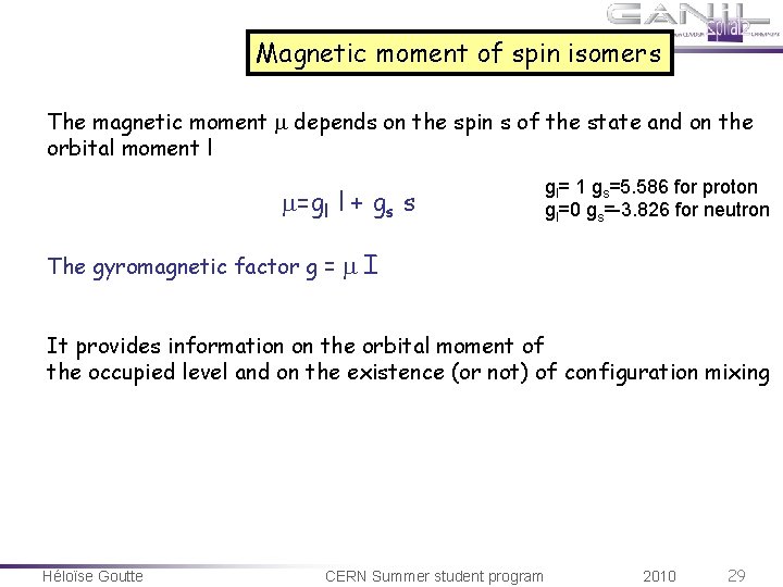 Magnetic moment of spin isomers The magnetic moment depends on the spin s of Magnetic moment of spin isomers The magnetic moment depends on the spin s of