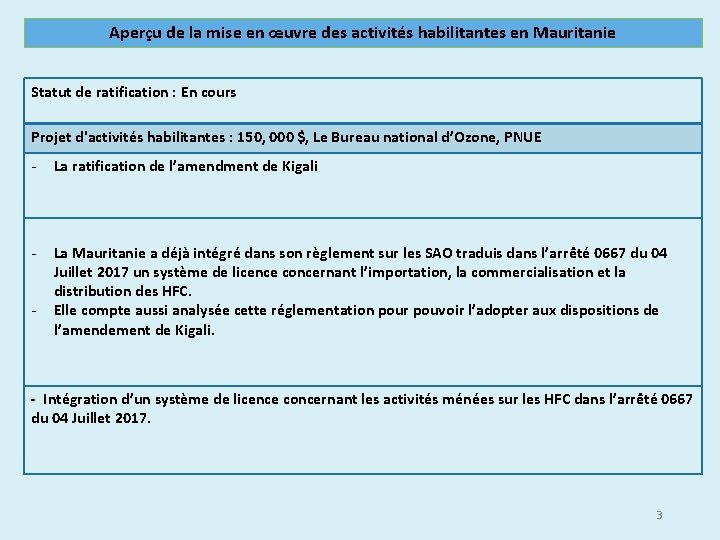 Aperçu de la mise en œuvre des activités habilitantes en Mauritanie Statut de ratification