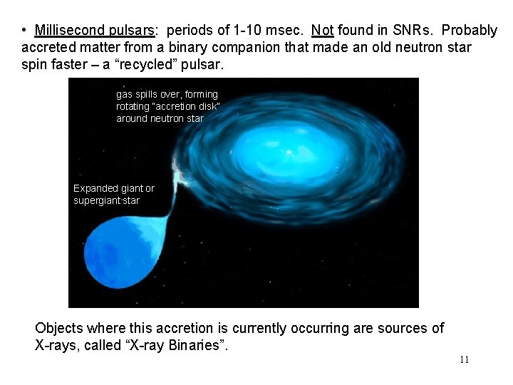  • Millisecond pulsars: periods of 1 -10 msec. Not found in SNRs. Probably