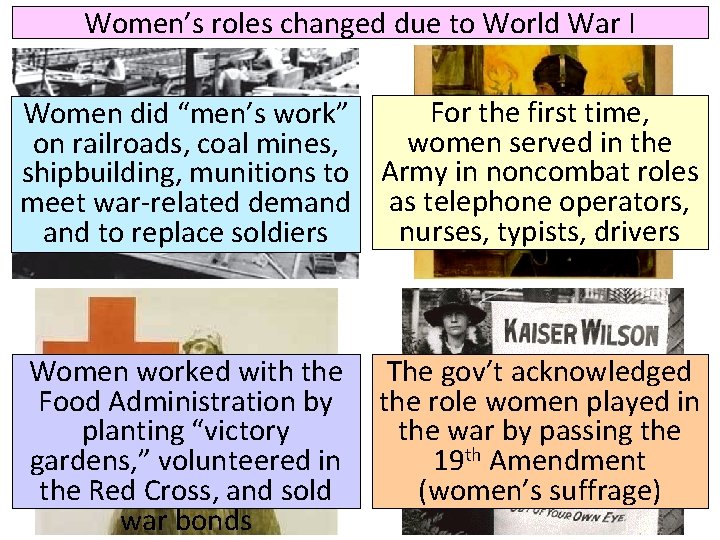 Women’s roles changed due to World War I For the first time, Women did