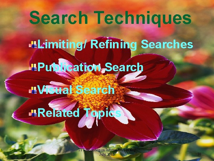Search Techniques Limiting/ Refining Searches Publication Search Visual Search Related Topics TTT Workshop on