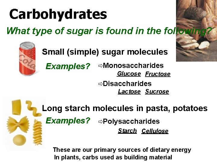 Carbohydrates What type of sugar is found in the following? Small (simple) sugar molecules