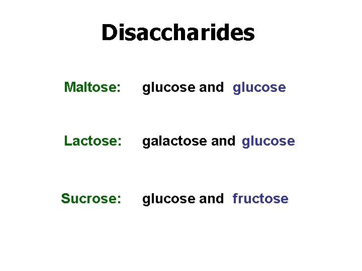 Disaccharides Maltose: glucose and glucose Lactose: galactose and glucose Sucrose: glucose and fructose 