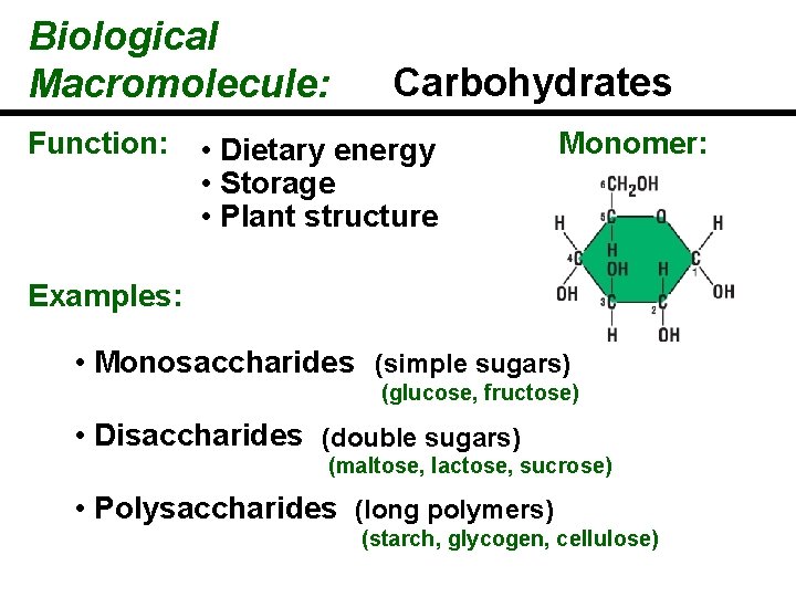 Biological Macromolecule: Function: Carbohydrates • Dietary energy • Storage • Plant structure Monomer: Examples: