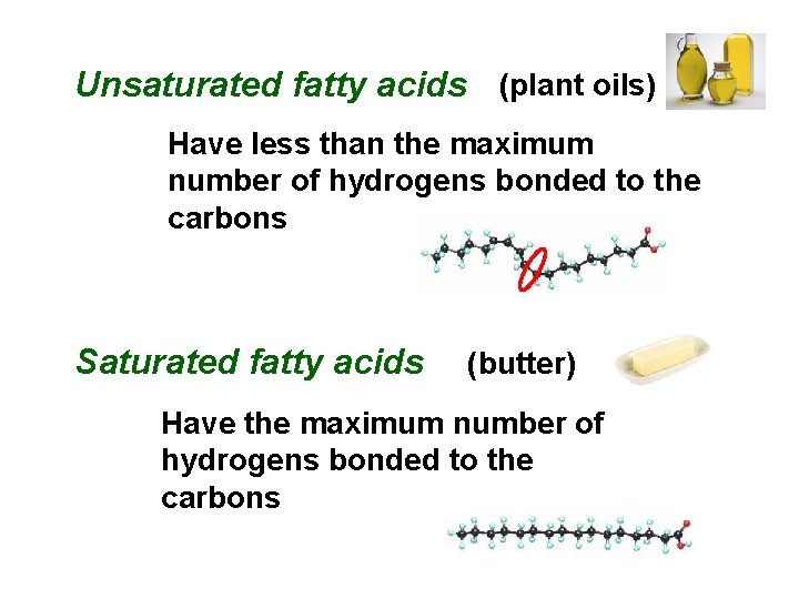 Unsaturated fatty acids (plant oils) Have less than the maximum number of hydrogens bonded