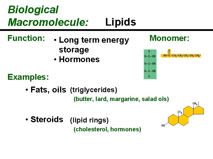 Biological Macromolecule: Function: Lipids • Long term energy storage • Hormones Monomer: Examples: •
