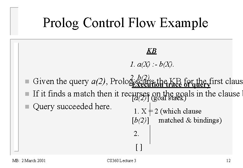 Prolog Control Flow Example KB 1. a(X) : - b(X). n n n b(2).
