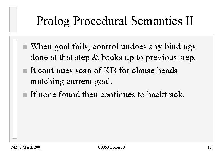 Prolog Procedural Semantics II When goal fails, control undoes any bindings done at that