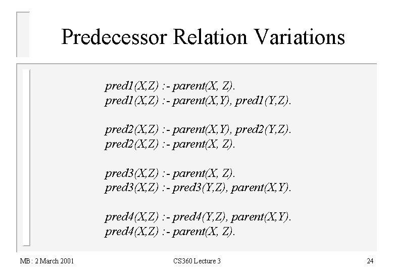 Predecessor Relation Variations pred 1(X, Z) : - parent(X, Z). pred 1(X, Z) :