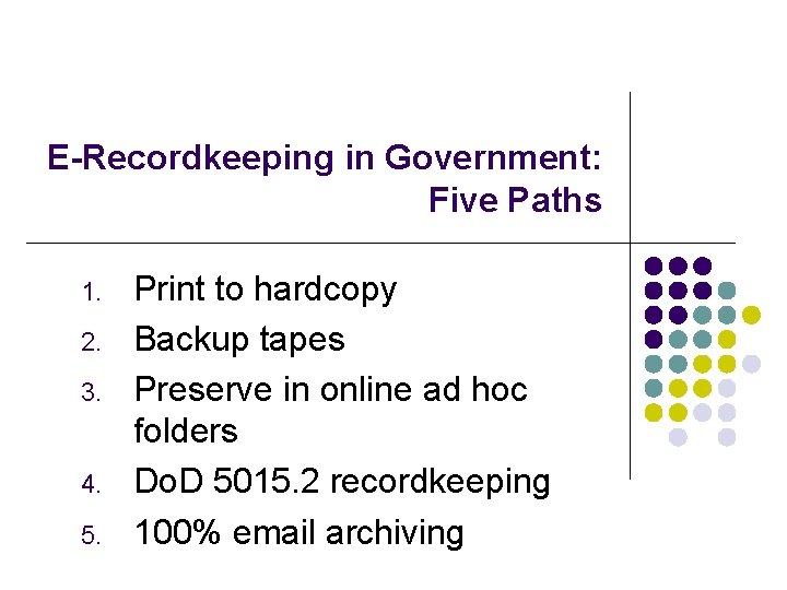 E-Recordkeeping in Government: Five Paths 1. 2. 3. 4. 5. Print to hardcopy Backup E-Recordkeeping in Government: Five Paths 1. 2. 3. 4. 5. Print to hardcopy Backup