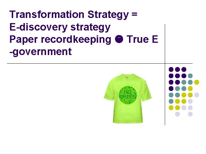 Transformation Strategy = E-discovery strategy Paper recordkeeping True E -government 