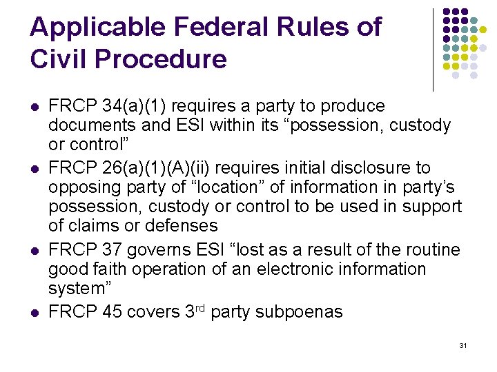 Applicable Federal Rules of Civil Procedure l l FRCP 34(a)(1) requires a party to