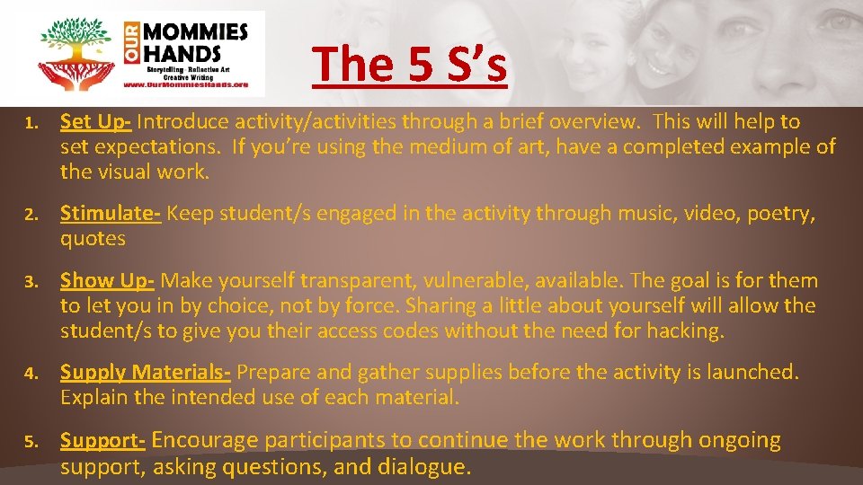 The 5 S’s 1. Set Up- Introduce activity/activities through a brief overview. This will