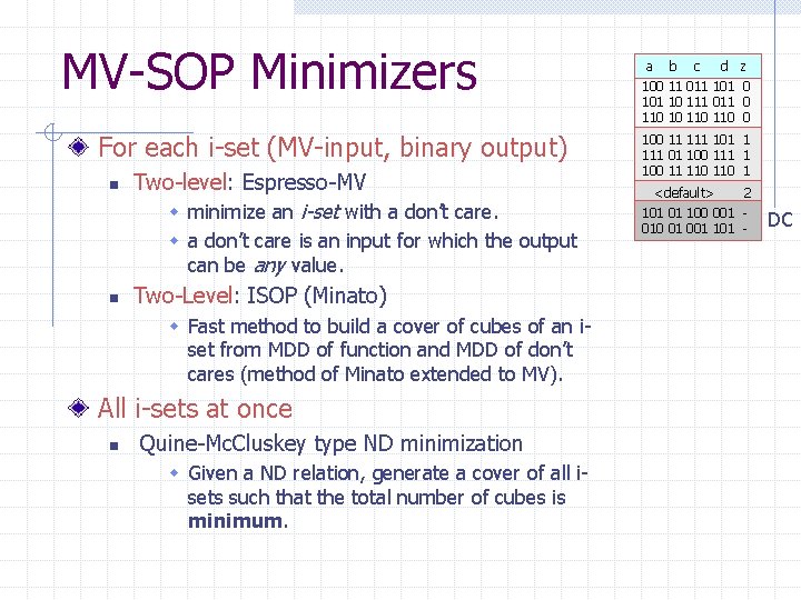 MV-SOP Minimizers For each i-set (MV-input, binary output) n Two-level: Espresso-MV w minimize an