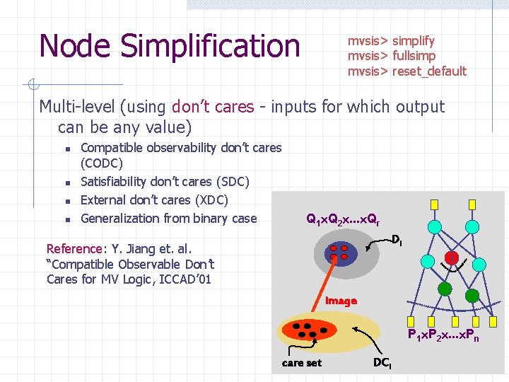 Node Simplification mvsis> simplify mvsis> fullsimp mvsis> reset_default Multi-level (using don’t cares - inputs