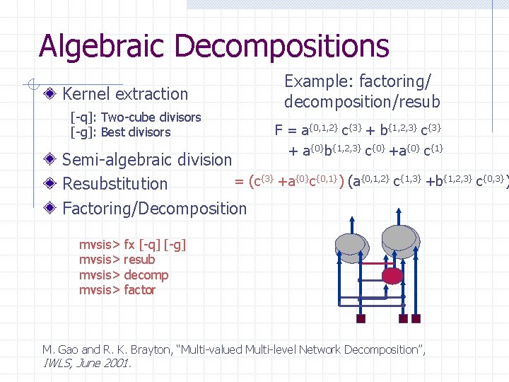 Algebraic Decompositions Kernel extraction [-q]: Two-cube divisors [-g]: Best divisors Example: factoring/ decomposition/resub F