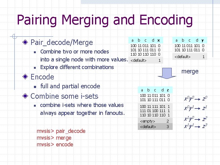 Pairing Merging and Encoding Pair_decode/Merge n n Combine two or more nodes into a