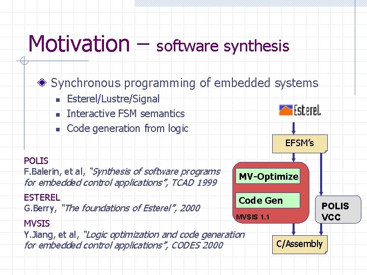 Motivation – software synthesis Synchronous programming of embedded systems n n n Esterel/Lustre/Signal Interactive