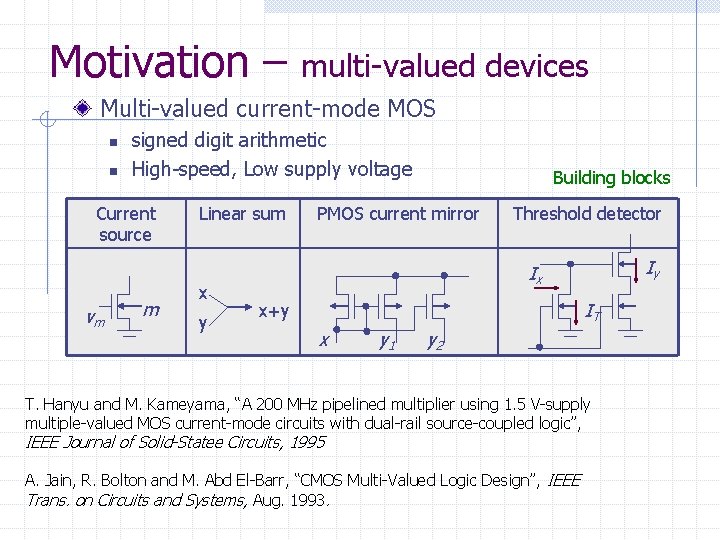Motivation – multi-valued devices Multi-valued current-mode MOS n n signed digit arithmetic High-speed, Low